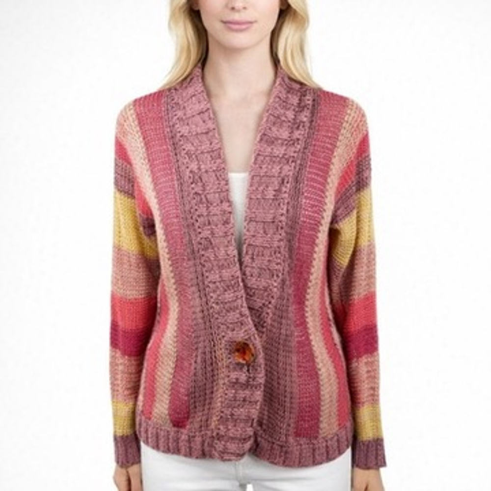 Sundance Kiernan Pointelle Knit Cardigan Pink Multi Relaxed Boho Beachy Size M